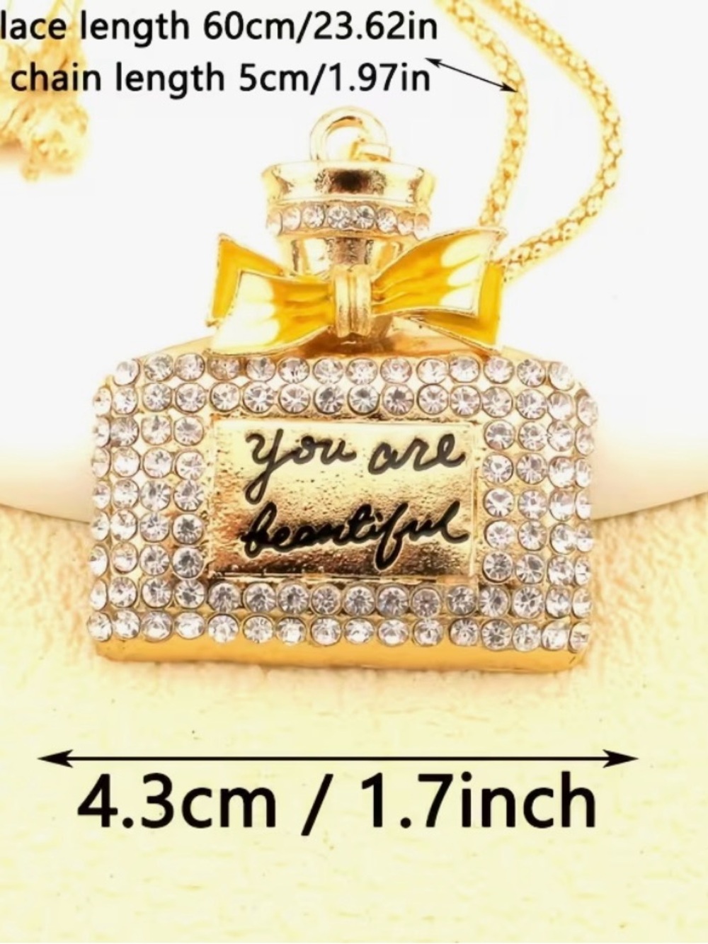 💛 Betsey Johnson Gold Rhinestone 'You Are Beautiful' Perfume Bottle Necklace 💛 - Picture 4 of 4